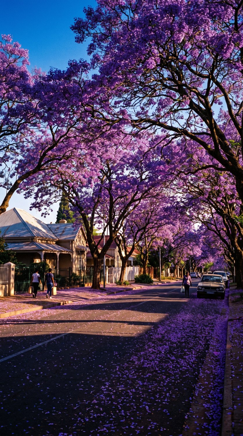 A jacaranda-lined street in Pretoria in full purple bloom, petals across the road.