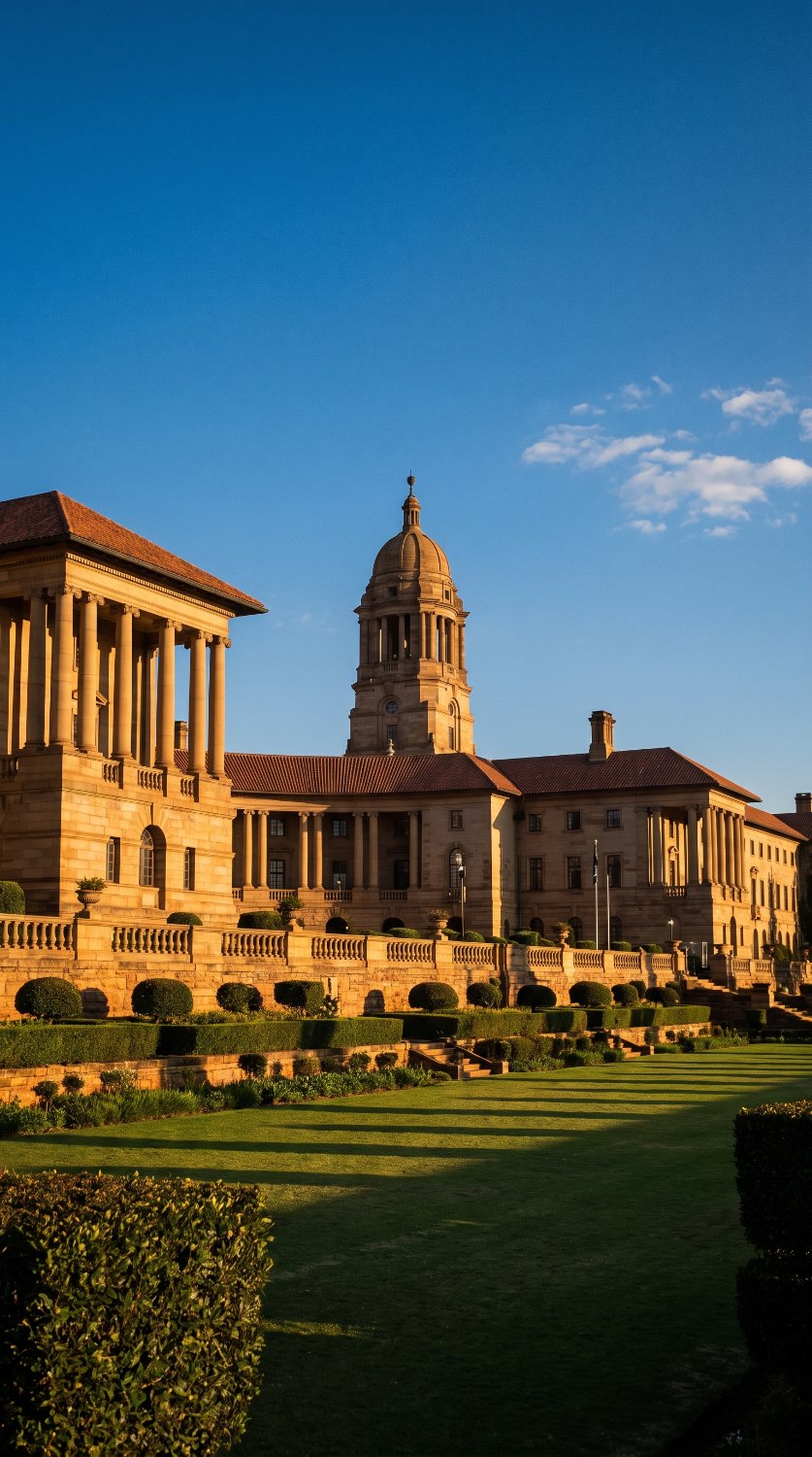 Sandstone government buildings with a domed rotunda and terraced gardens in golden light.