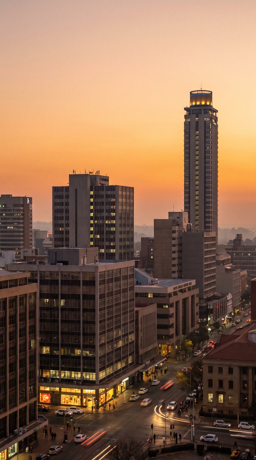 The capital skyline at dusk under an orange sky.